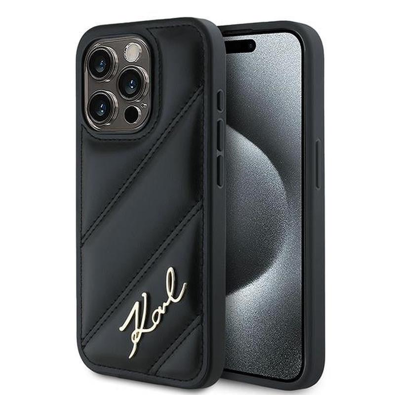 Funda para Apple iPhone 15 Pro, Karl Lagerfeld, Diagonal Quilted Script, Negra
