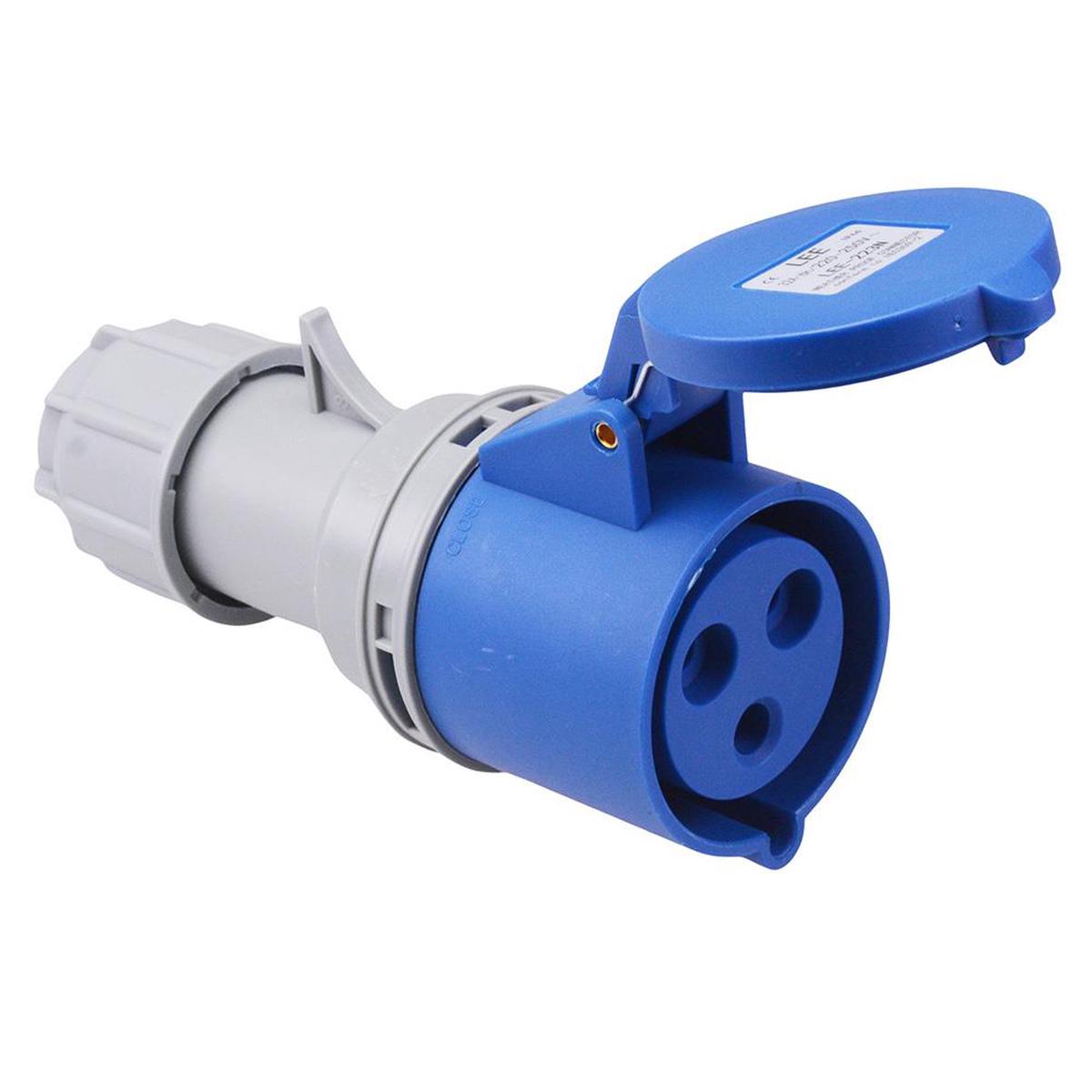 Blue 32A 230V 2P+E Industrial Inline Socket IP44