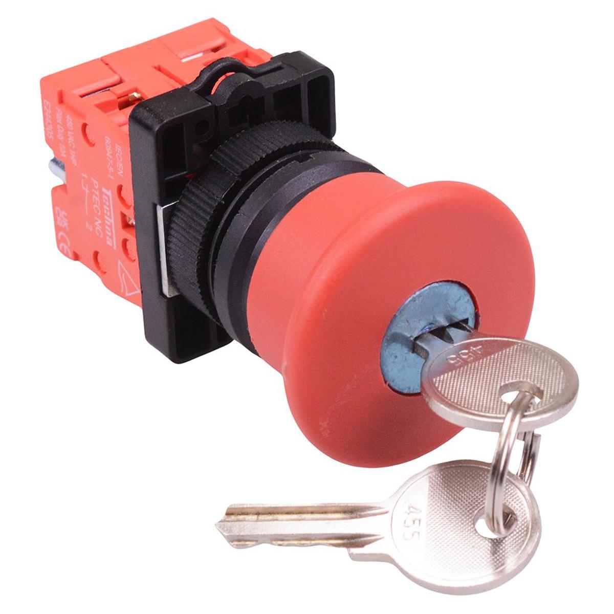 Techna PtecMushK40 Key Release 40mm Emergency Stop Button Switch Plastic 10A 2NC