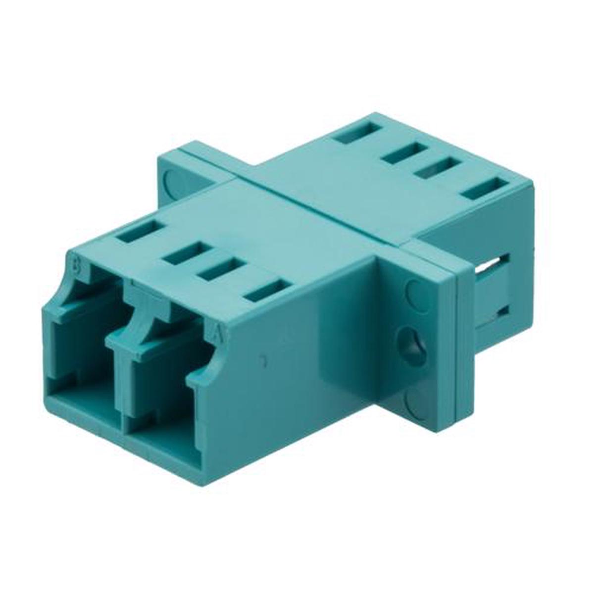 Fiber Optic Adapter, LC Duplex, low-profile, with flange, Aqua